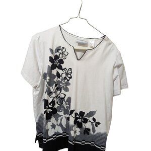 Alfred Dunner Knit Top Women's Size PL black white  short sleeve floral checks‎